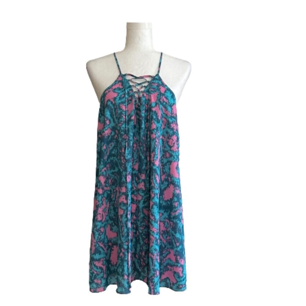 Izzy & Lola Dress Pink Blue Lace Up Boho Bohemian Mini Swing Dress Medium NEW